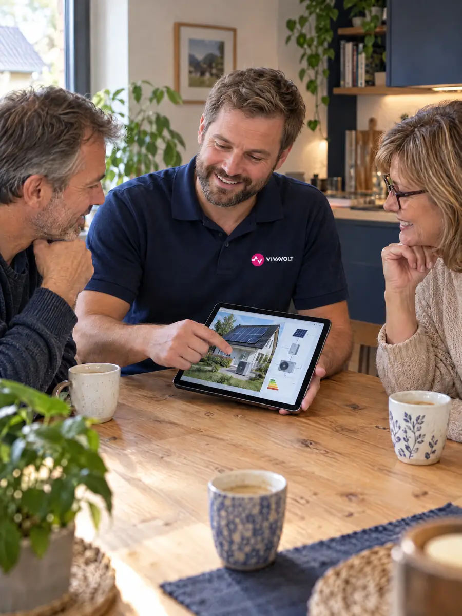 Fachberater von Vivavolt mit Tablet am Küchentisch eines Ehepaars